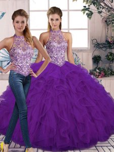 Smart Floor Length Lace Up 15th Birthday Dress Purple for Military Ball and Sweet 16 and Quinceanera with Beading and Ruffles