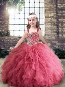 Floor Length Lace Up High School Pageant Dress Pink for Party and Wedding Party with Beading and Ruffles
