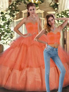 Floor Length Orange Quinceanera Dress Organza Sleeveless Ruffled Layers