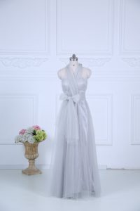 Grey Tulle Zipper Halter Top Sleeveless Floor Length Quinceanera Court Dresses Ruching