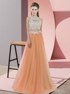 Sleeveless Tulle Floor Length Zipper Damas Dress in Orange with Lace