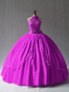 Sleeveless Floor Length Appliques Lace Up 15th Birthday Dress with Fuchsia