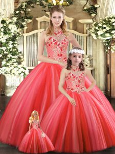 Tulle Halter Top Sleeveless Lace Up Embroidery 15 Quinceanera Dress in Coral Red
