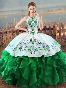 Embroidery and Ruffles 15th Birthday Dress Green Lace Up Sleeveless Floor Length