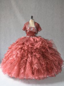 Free and Easy Strapless Sleeveless Sweet 16 Quinceanera Dress Floor Length Beading and Ruffles Red