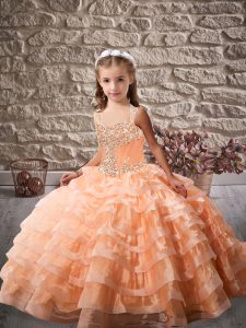 Popular Orange Child Pageant Dress Straps Sleeveless Brush Train Lace Up
