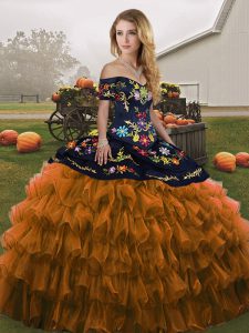 Custom Fit Off The Shoulder Sleeveless Sweet 16 Dress Floor Length Embroidery and Ruffled Layers Rust Red Organza