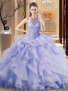 Luxury Lavender Ball Gowns Ruffles Sweet 16 Dress Lace Up Organza Sleeveless