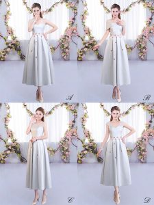 Spectacular Tea Length Lace Up Dama Dress Silver for Wedding Party with Appliques