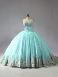 Attractive Blue Lace Up Sweetheart Appliques Ball Gown Prom Dress Tulle Sleeveless Court Train