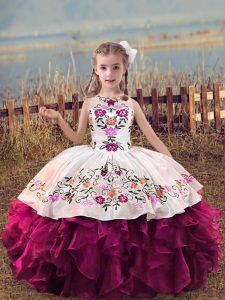 Sleeveless Lace Up Floor Length Embroidery and Ruffles Pageant Gowns For Girls