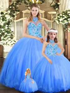 Admirable Blue Halter Top Neckline Embroidery Quinceanera Gowns Sleeveless Lace Up