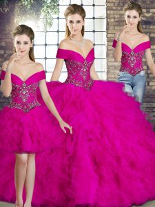 Fuchsia Sleeveless Floor Length Beading and Ruffles Lace Up Ball Gown Prom Dress