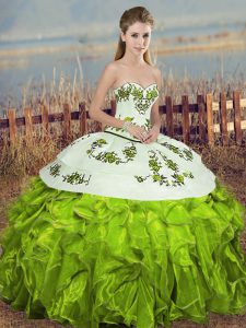 Customized Embroidery and Ruffles and Bowknot Quince Ball Gowns Olive Green Lace Up Sleeveless Floor Length