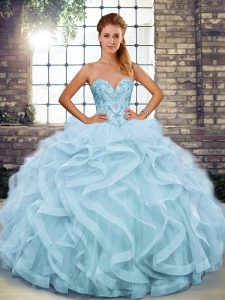 Classical Floor Length Light Blue Quinceanera Dress Tulle Sleeveless Beading and Ruffles