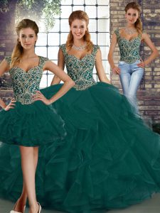 Sweet Tulle Straps Sleeveless Lace Up Beading and Ruffles Quince Ball Gowns in Peacock Green