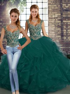 Peacock Green Sleeveless Tulle Lace Up Quinceanera Gown for Military Ball and Sweet 16 and Quinceanera