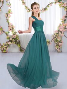 Ruching Dama Dress for Quinceanera Peacock Green Lace Up Sleeveless Floor Length