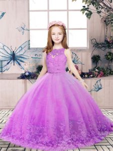 Floor Length Lilac Pageant Dress Toddler Sleeveless Lace and Appliques