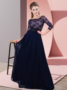 Black 3 4 Length Sleeve Floor Length Lace and Belt Side Zipper Dama Dress