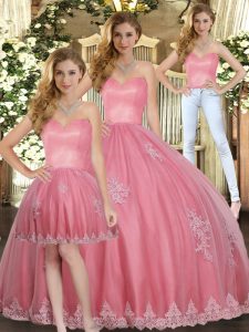 Tulle Sweetheart Sleeveless Lace Up Appliques Ball Gown Prom Dress in Watermelon Red