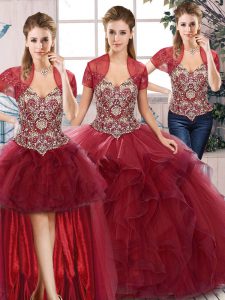 Decent Beading and Ruffles Quinceanera Dresses Burgundy Lace Up Sleeveless Floor Length