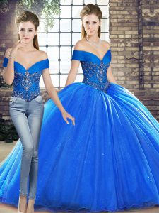 On Sale Royal Blue Sleeveless Organza Brush Train Lace Up Quinceanera Gowns for Military Ball and Sweet 16 and Quinceanera