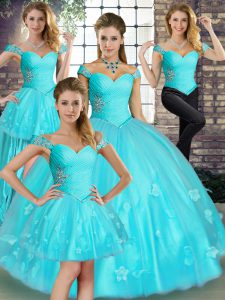 Beautiful Floor Length Lace Up 15 Quinceanera Dress Aqua Blue for Military Ball and Sweet 16 and Quinceanera with Beading and Appliques
