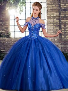 Halter Top Sleeveless Tulle Quinceanera Gowns Beading Brush Train Lace Up