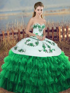 Suitable Sleeveless Organza Floor Length Lace Up Quinceanera Gowns in Green with Embroidery and Ruffled Layers and Bowknot