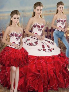 White And Red Lace Up Sweetheart Embroidery and Ruffles and Bowknot Sweet 16 Dress Organza Sleeveless