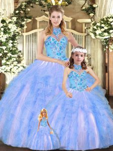 Multi-color Lace Up Halter Top Embroidery and Ruffles Sweet 16 Quinceanera Dress Tulle Sleeveless