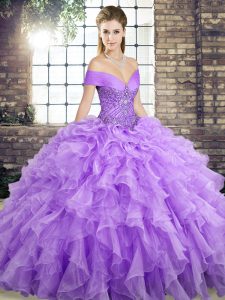 Lavender Off The Shoulder Neckline Beading and Ruffles Vestidos de Quinceanera Sleeveless Lace Up