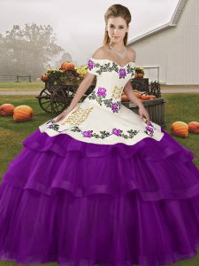 Wonderful Off The Shoulder Sleeveless Sweet 16 Dresses Brush Train Embroidery and Ruffled Layers Purple Tulle
