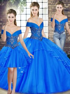 Flare Floor Length Three Pieces Sleeveless Royal Blue Vestidos de Quinceanera Lace Up