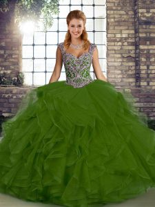 Olive Green Lace Up Quince Ball Gowns Beading and Ruffles Sleeveless Floor Length