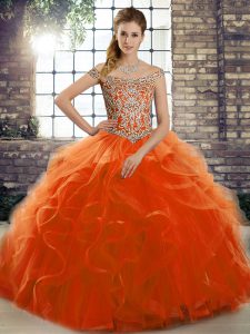 Orange Red Tulle Lace Up Quinceanera Dresses Sleeveless Brush Train Beading and Ruffles