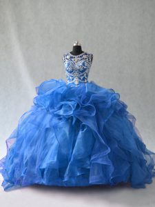 Scoop Sleeveless Sweet 16 Dresses Floor Length Beading and Ruffles Blue Organza