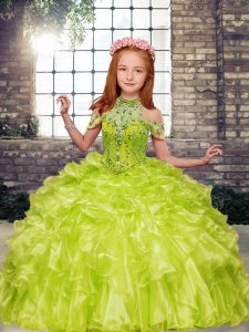 Beauteous Yellow Green Sleeveless Floor Length Beading and Ruffles Lace Up Kids Formal Wear