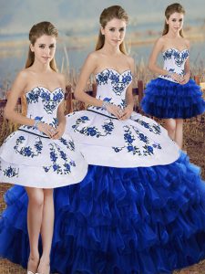 Sweetheart Sleeveless Sweet 16 Quinceanera Dress Floor Length Embroidery and Ruffled Layers and Bowknot Royal Blue Organza