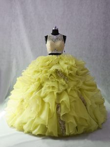 Top Selling Brush Train Two Pieces 15 Quinceanera Dress Yellow Green Scoop Organza and Sequined Sleeveless Zipper