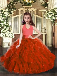 Floor Length Lace Up Little Girls Pageant Gowns Rust Red for Party and Sweet 16 and Wedding Party with Ruffles