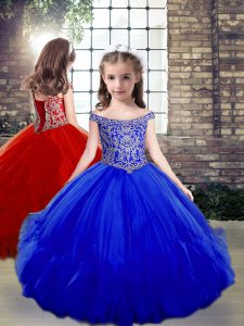 Custom Design Tulle Off The Shoulder Sleeveless Side Zipper Beading Girls Pageant Dresses in Royal Blue