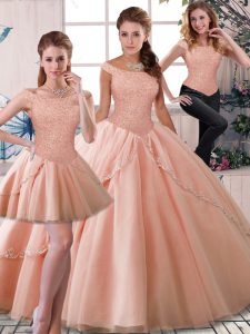 Peach Sleeveless Brush Train Beading Quinceanera Gowns