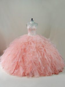 Luxury Floor Length Peach Sweet 16 Dress Tulle Sleeveless Beading and Ruffles