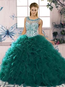 Floor Length Peacock Green Vestidos de Quinceanera Organza Sleeveless Beading and Ruffles