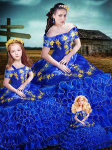 Eye-catching Royal Blue Off The Shoulder Lace Up Embroidery and Ruffles Sweet 16 Dresses Sleeveless