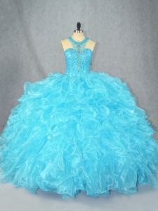 Fine Organza Sleeveless Floor Length Sweet 16 Dress and Beading and Ruffles
