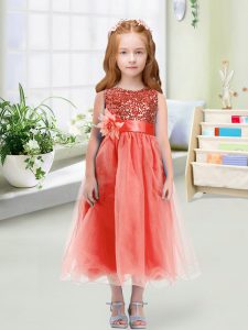 Tea Length Empire Sleeveless Watermelon Red Kids Pageant Dress Zipper