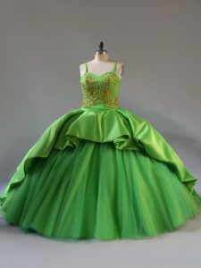 Affordable Straps Sleeveless Satin and Tulle Sweet 16 Dress Beading and Embroidery and Pick Ups Court Train Lace Up